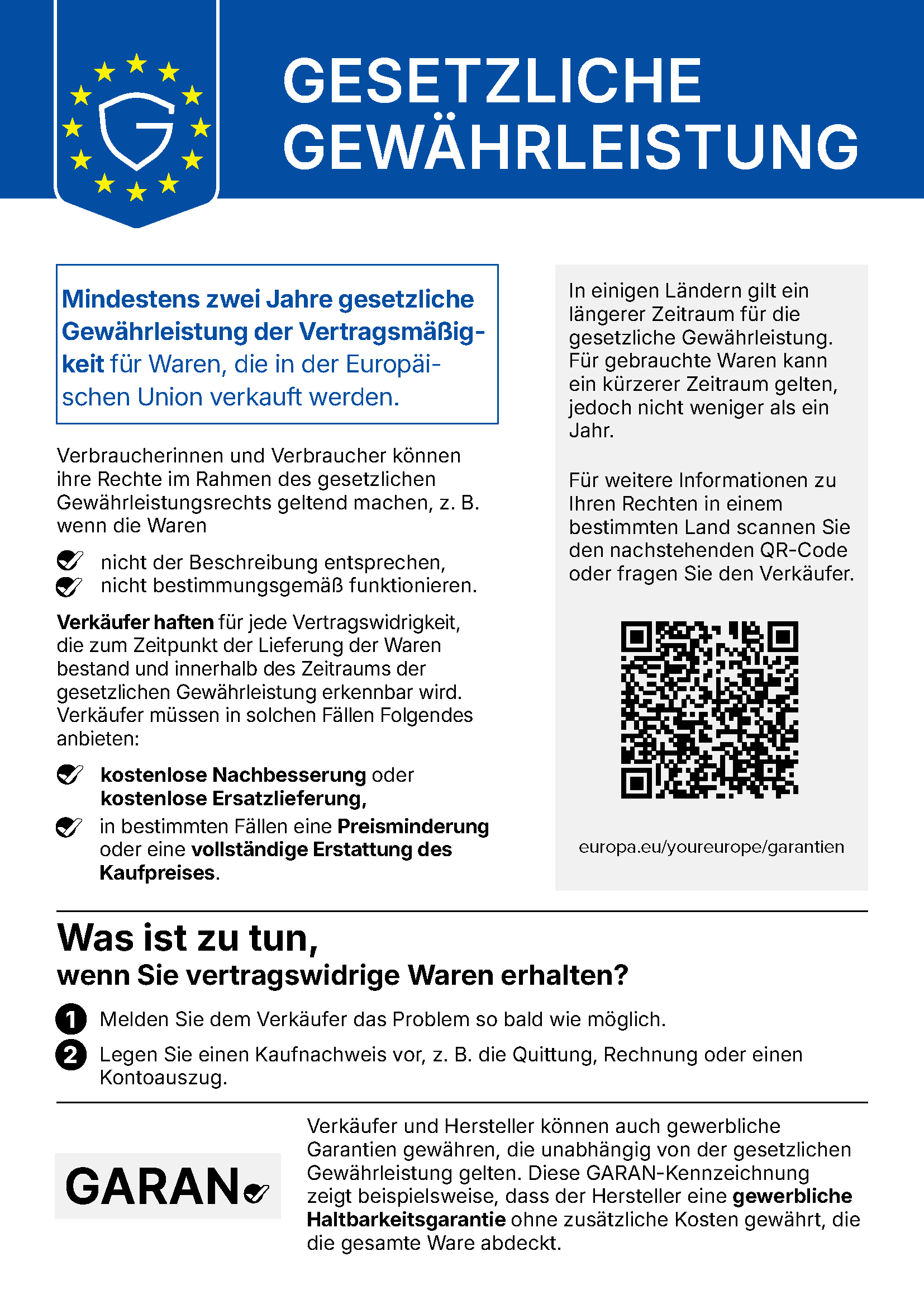 EU-Hinweis: Sie haben Anspruch auf eine gesetzliche Gewährleistung von mindestens 2 Jahren. Weitere Informationen auf europa.eu/youreurope/garantien